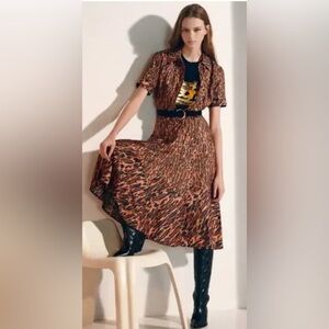 Sandro Paris Collared Animal Print Button Down Belted Shirt Dress EU Size 36